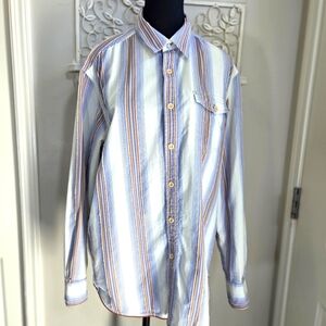 Tommy Bahama Denim Jeans Striped Blue and White Shirt 100% Cotton Size L